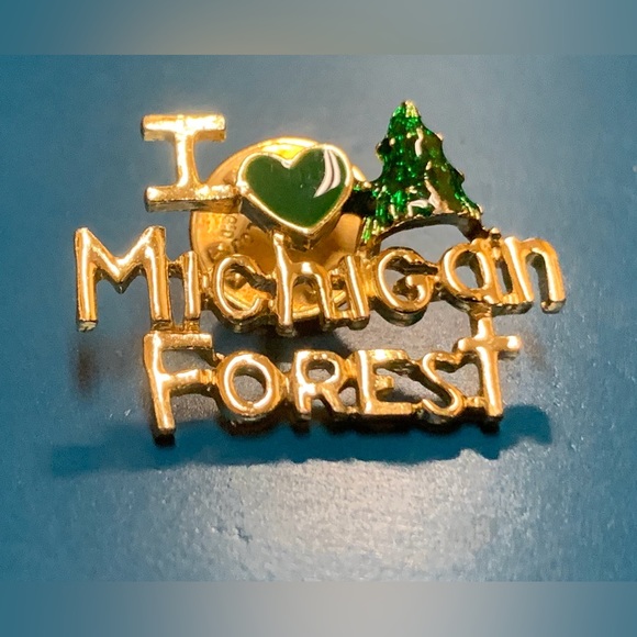 Vintage Jeweled Enamel Gold Tone Metal I HEART MICHIGAN FOREST Pin Brooch - Picture 7 of 12